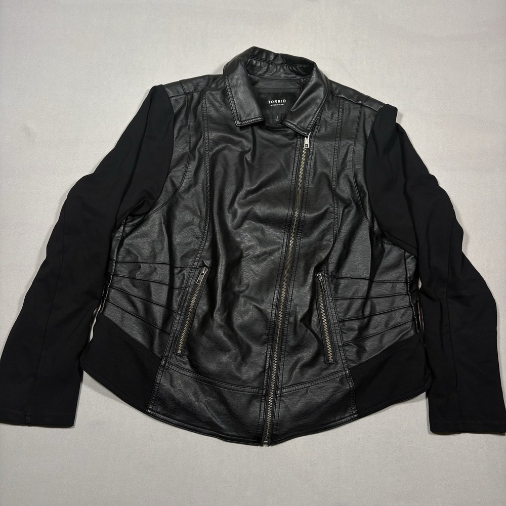Torrid Leather Jacket  Womens XL Black Faux Moto Biker Mixed Sleeve